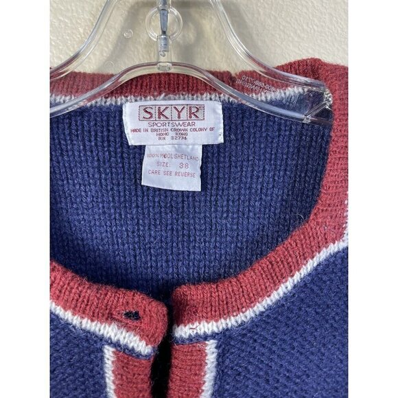 90s Vtg Womens Skyr Shetland Wool Cardigan Sweater Button Front Blue Red 38 Flaw - Picture 3 of 11